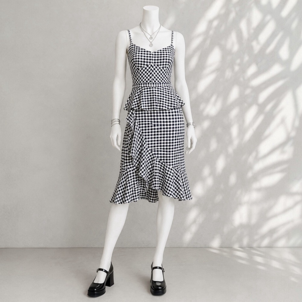 J Crew Silk Gingham Dress 10 Navy White Check Ruffle Tiered Midi Sundress - Picture 2 of 9
